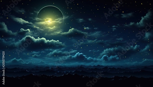 A serene nighttime landscape with a glowing moon and stars in the sky