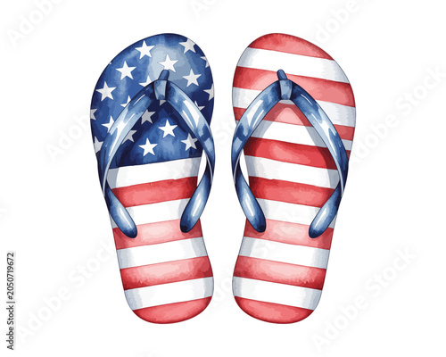 Watercolor Patriotic Flip Flops Clipart, Summer Beach illustration 