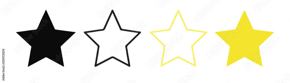Obraz premium Four variations of five pointed stars including solid black outline yellow frame and filled yellow art.