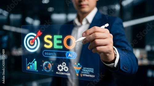 Naklejka Seo optimization concept with digital interface and business professional analyzing data