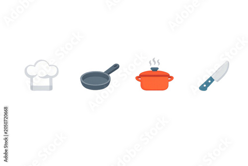 Set of flat vector icons featuring essential kitchen cooking tools including a chef hat frying pan pot 4K Vedio, High Resolution