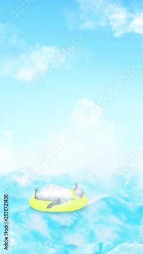 浮き輪でのんびり海に浮かぶ大人ペンギンと入道雲の爽やか水彩ループアニメーション。夏の縦型背景素材。