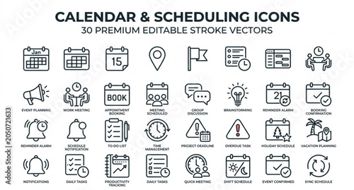 Calendar and scheduling outline icon set with reminders deadlines and productivity