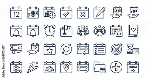 Set of 30 calendar outline icons with planner schedule and reminder concepts