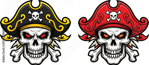 Photos Pirate skulls with glowing red eyes, crossed bones, black and red hats, fierce c