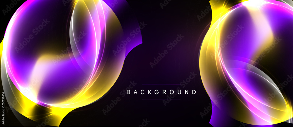 Naklejka premium Abstract design features vibrant purple, yellow curves. Dark background enhances glowing effect. Modern, dynamic composition.