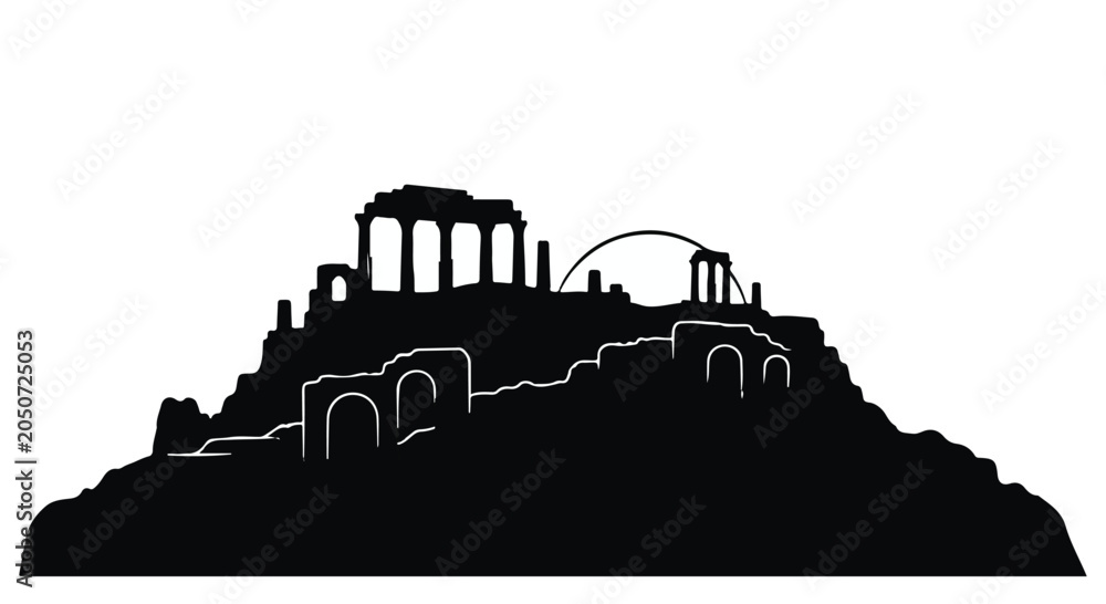 Obraz premium black silhouette of ancient greek ruins on hill