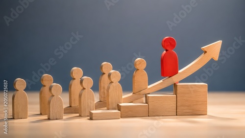 Red wooden figure rising on an upward arrow above a crowd representing business leadership competitive advantage and successful career advancement