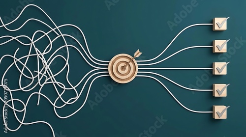 Abstract concept of planning, strategy, and achieving goals, with tangled lines leading to a target and checklist items