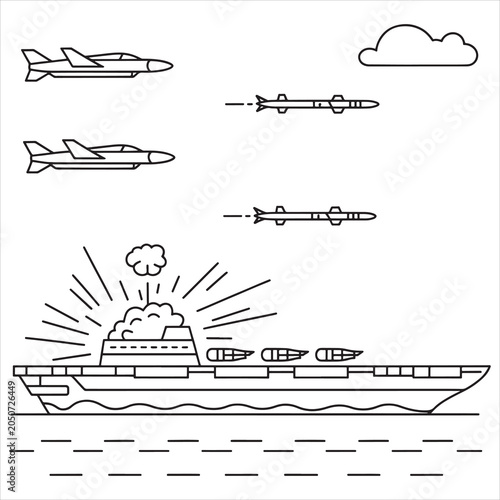 Naval warfare: aircraft carrier launching missiles and jets
