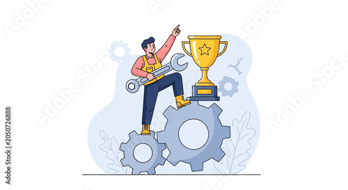 Mechanic with Wrench and Trophy on Gears, Symbolizing Success, Achievement, and Engineering Excellence