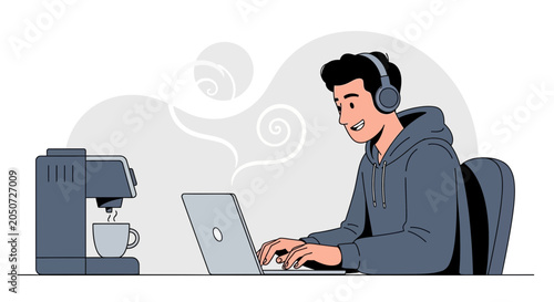 Young Man Working on Laptop with Headphones and Coffee, Modern Flat Illustration