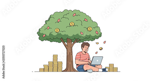Young man working on laptop under money tree, symbolizing passive income, financial growth, and remote work success.