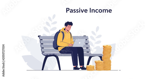 Young Man Working on Laptop with Stacks of Coins, Representing Passive Income and Financial Growth