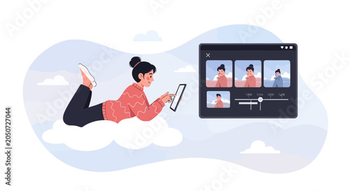 Young Woman Editing Photos on Tablet While Lying on Cloud, Digital Art Style, Creative Content Creation