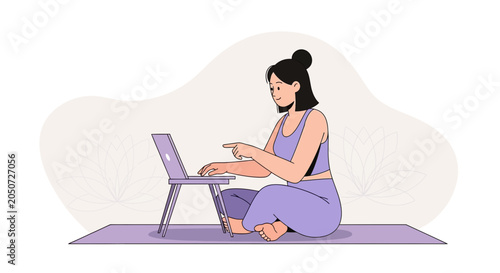 Young Woman Practicing Yoga While Using Laptop, Digital Nomad Lifestyle, Remote Work, Wellness and Technology