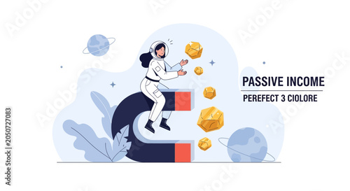 Astronaut Attracting Passive Income with Horseshoe Magnet: Concept of Financial Growth and Wealth Accumulation