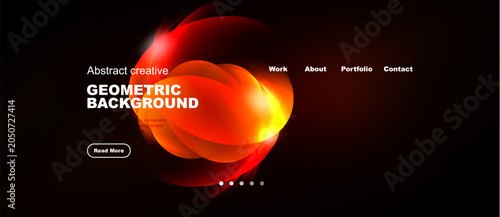 Fényképezés Dark background features vibrant red abstract shapes, text elements, navigation menu, plus pagination dots