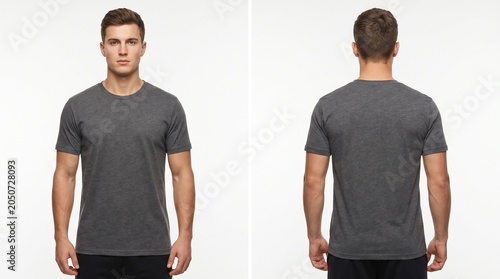 Man wearing gray t-shirt front and back view