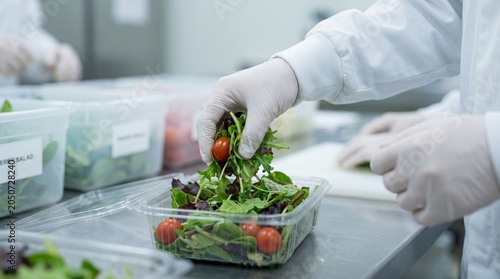 Food preparation in a sterile environment assembling fresh green salad with tomatoes in plastic containers