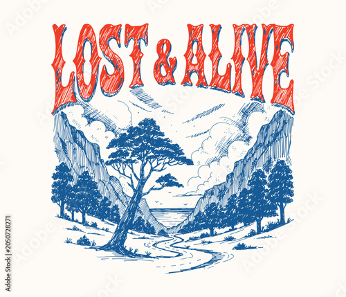 Tableau sur toile Vintage Hand Drawn T-Shirt Design with Lost and Alive Typography and Mountain Landscape