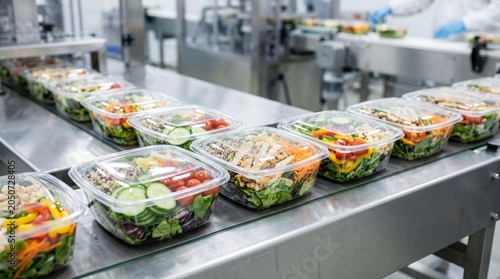Freshly prepared individual salad meals on a food production line in clear plastic containers