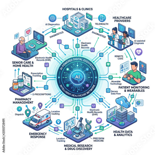 Comprehensive Digital Network Illustrating Integrated Artificial Intelligence Systems and Modern Healthcare Workflow Connectivity