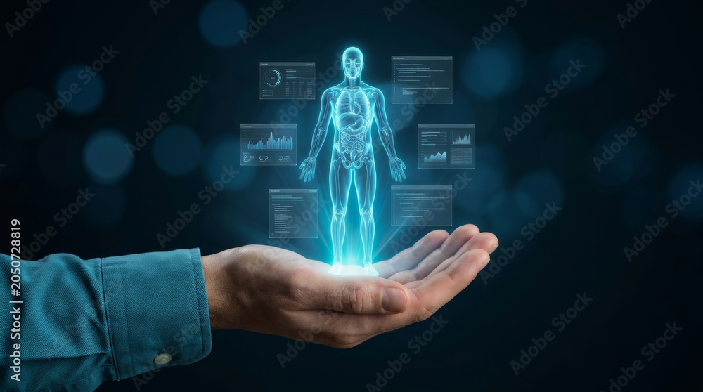 Obraz premium Ai diagnostic healthcare tool hologram human body hand futuristic medical interface. future health care innovation. clinical science medicine research, patient analysis tool