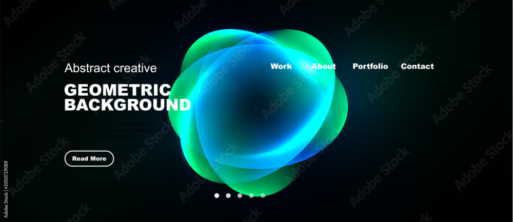 Obraz premium Dark background features vibrant, flowing geometric shapes. Text includes abstract creative and navigation options. Button reads Read More.