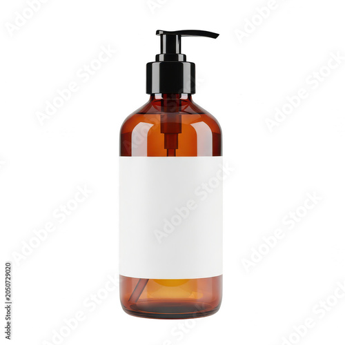 Empty amber pump bottle with white label isolated on transparent background