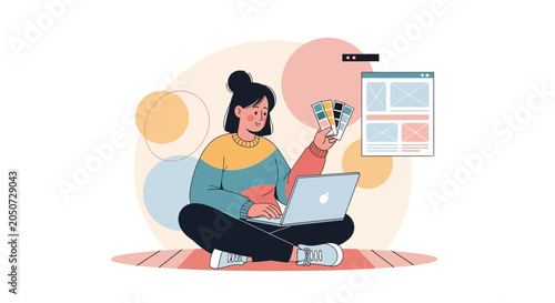 Creative Designer Working on Laptop with Color Palette and Website Mockup, Flat Illustration Style