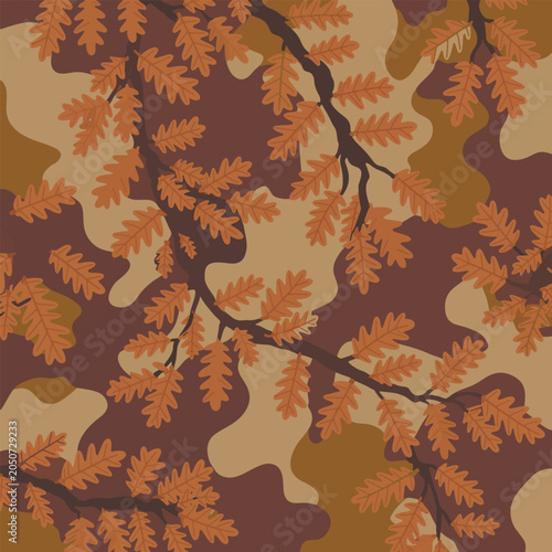 Seamless autumn oak leaf camouflage vector pattern with branches and flat rustic brown foliage for hunting gear.
