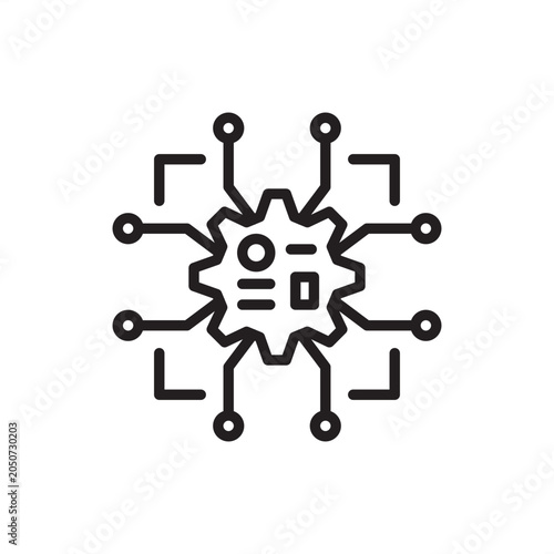 Εκτύπωση καμβά Machine learning model line icon featuring a central mechanical gear processing node linked to a digital circuit network
