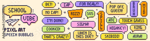 Pack of Back to School pixel art color speech bubbles. Riz, cooked, sus and any other teen worlds