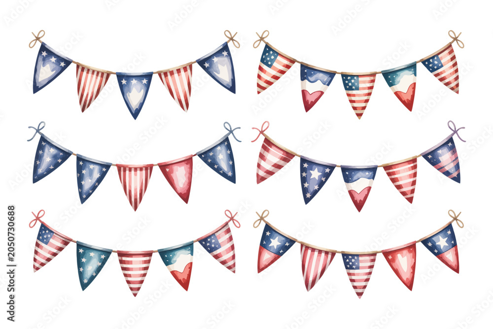 Obraz premium set of Watercolor Patriotic Garland Banner Clipart, USA Party Decoration vector illustration isolated on white background