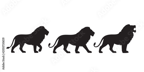 Konstfotografi Black Silhouette Vector Set of Male Lions Walking in Sequence