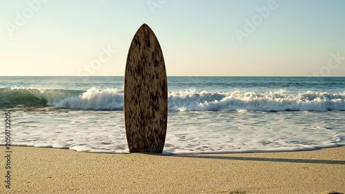 Surfboard standing on sandy beach as waves approach, showcasing the tranquil ocean scene with gentle surf and clear sky in the background