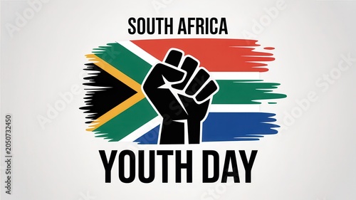 South Africa Youth Day poster with raised fist and national flag isolated on white background