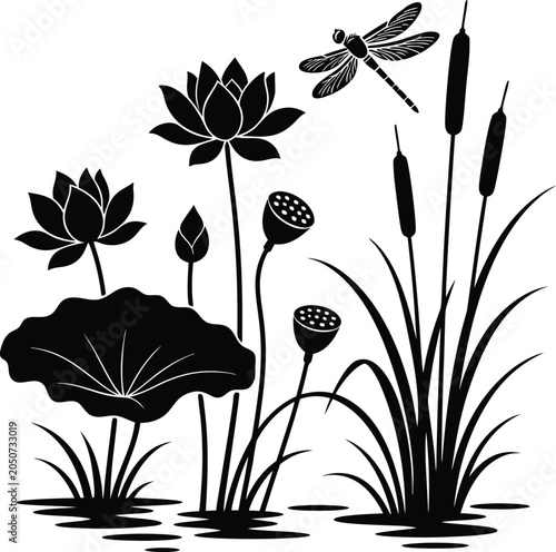 Dragonfly and Lotus Flowers Silhouette in Water