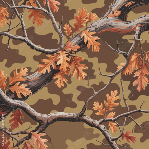 Seamless autumn oak leaf camouflage vector pattern with gnarled branches and orange foliage for hunting apparel.