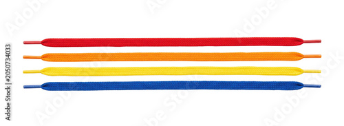 Four bright flat shoelaces arranged horizontally in red orange yellow and blue isolated on transparent background.