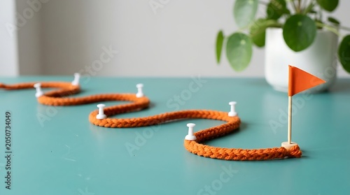Winding orange rope path with push pin milestones leading to a goal flag, representing a business roadmap or journey