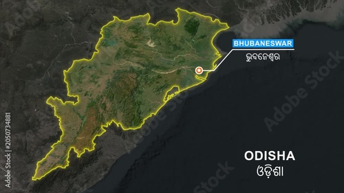 Odisha state map zoom animation, India regional geographic location visual, Bhubaneswar capital city marker, 4k satellite graphic transition, infographic element for news broadcast.