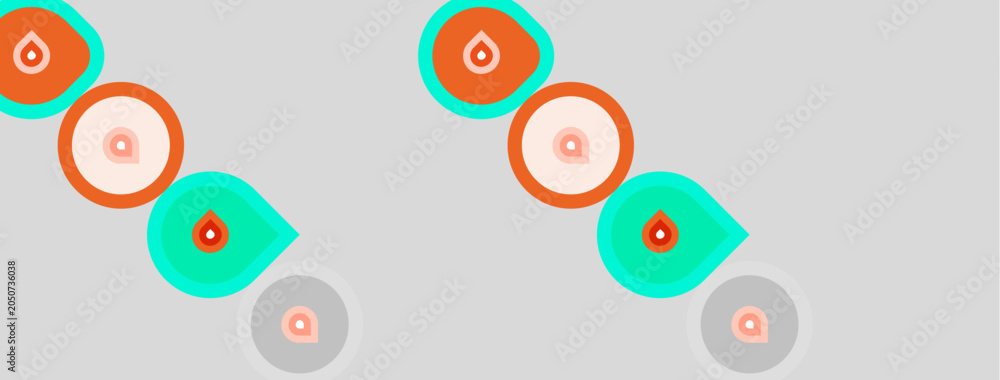 Fototapeta premium Abstract illustration depicts repeating pattern. Coral, teal circles, droplets present. Minimalist design, light gray background. Simple geometry.