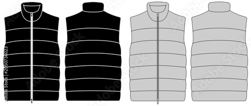 Men's Quilted Puffer Vest Technical Flat Sketch Front and Back View