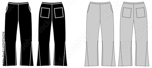 Women's Wide Leg Pants Technical Flat Sketch Front and Back View