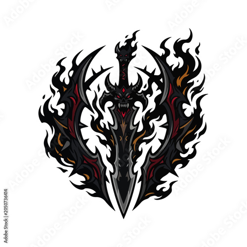 Dark Fantasy Demon Sword Flame Emblem Vector Mascot Logo