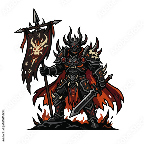 Dark Fantasy Demon Warlord Knight with Battle Banner Vector Illustration