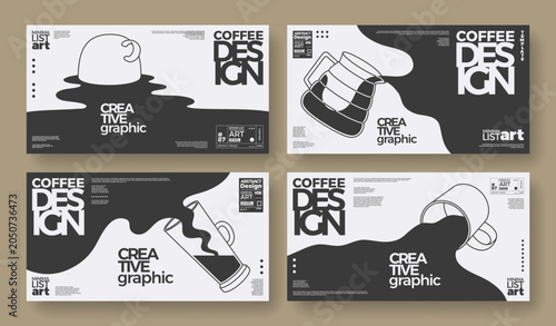 Coffee concept design. Linear horizontal banners set of coffee pot, ceramic cups, highball glass. Abstract minimalist templates with spilling, flowing coffee. Simple design for wall art, coffeeshop