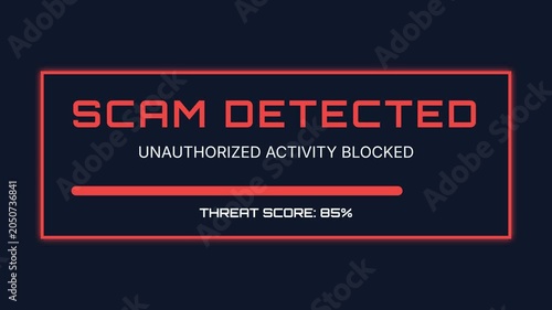 Scam detected alert, red warning box, threat score 85%, cybersecurity concept, symbolizing online security.